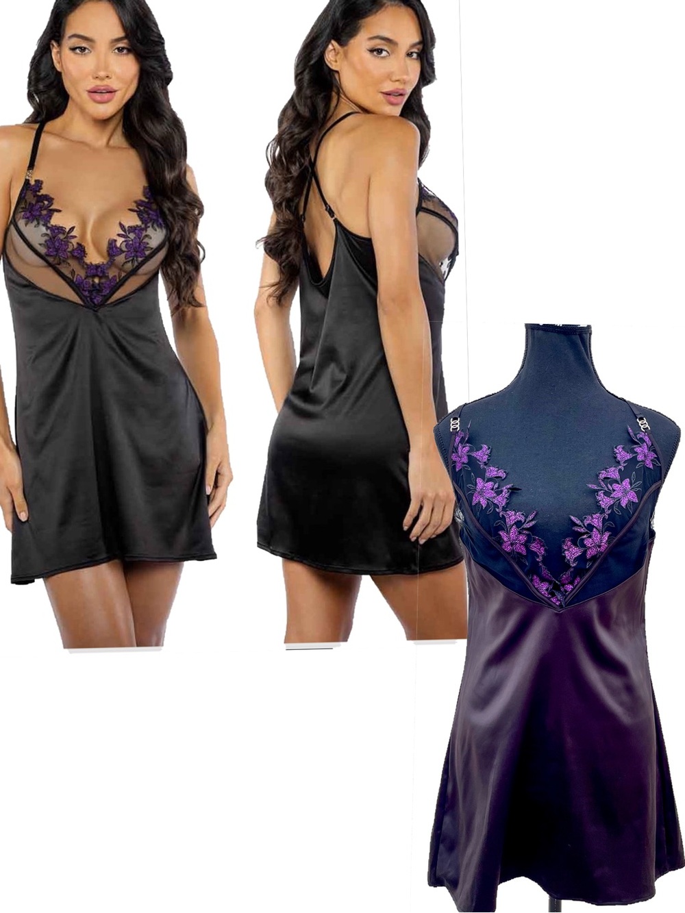 Dark Romance Whimsigoth Black Chemise Sz S Lace Purple Shimmer Flowers Witchy